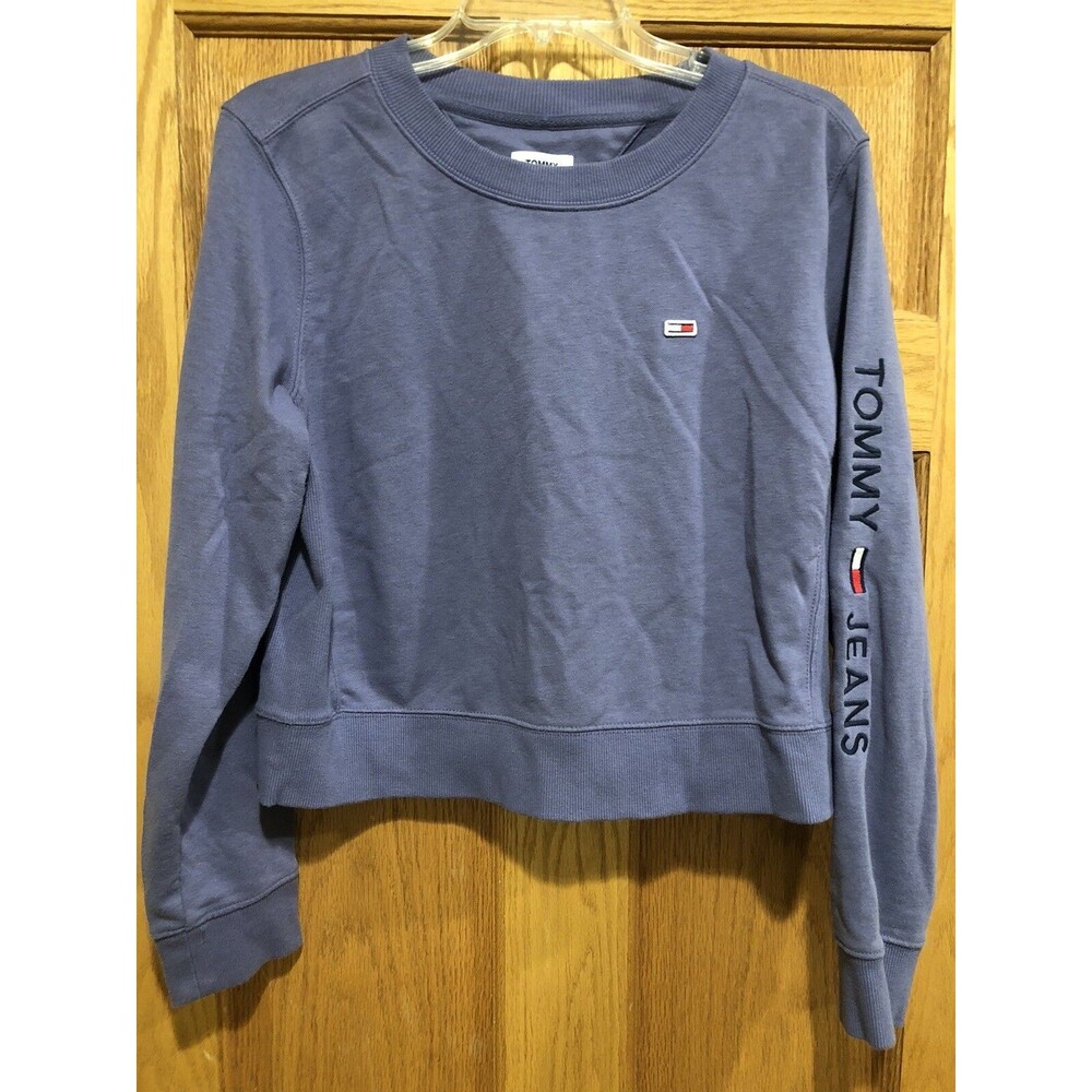 Tommy Hilfiger Sweatshirt Womens Large Purple Crewneck Logo Crop Vintage - Picture 1 of 5